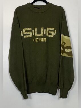 Vintage Phat Farm Men's Olive Green Logo Knit Sweater